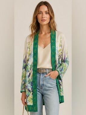 CHICOS Floral Open Front Cardigan Sweater Longline Geometric Trim Green Blue XL